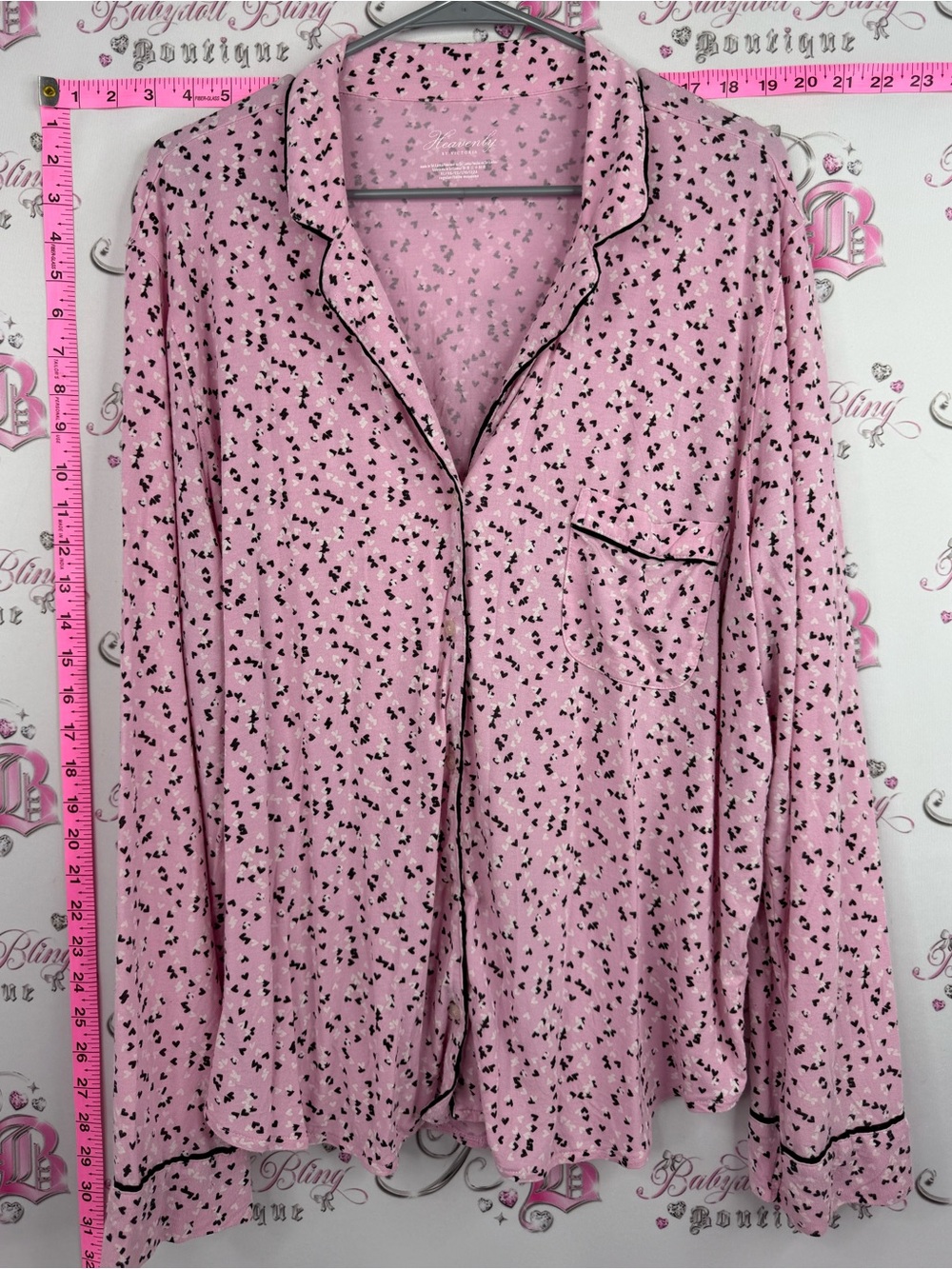 Victoria's Secret heavenly hearts Pink Button-Down Sleep Shirt with Black Trim